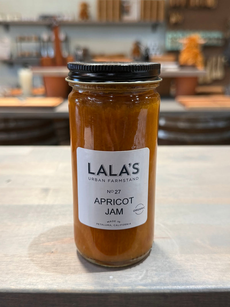 Lala's Organic Apricot Jam in an 8 oz jar