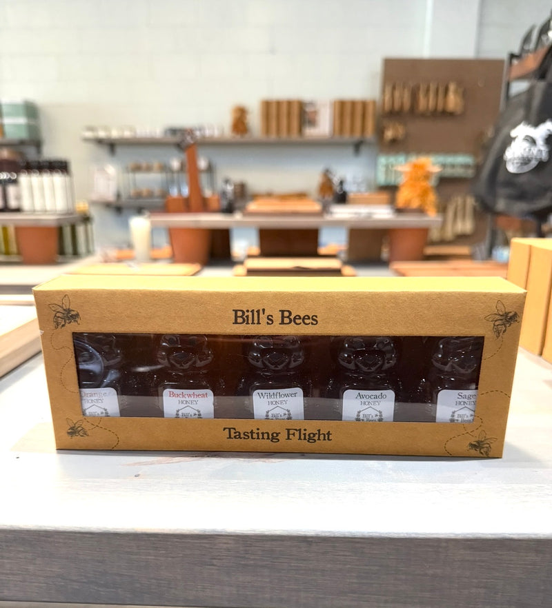 Bill's Bees Tasting Flight gift box with five mini honey bear jars