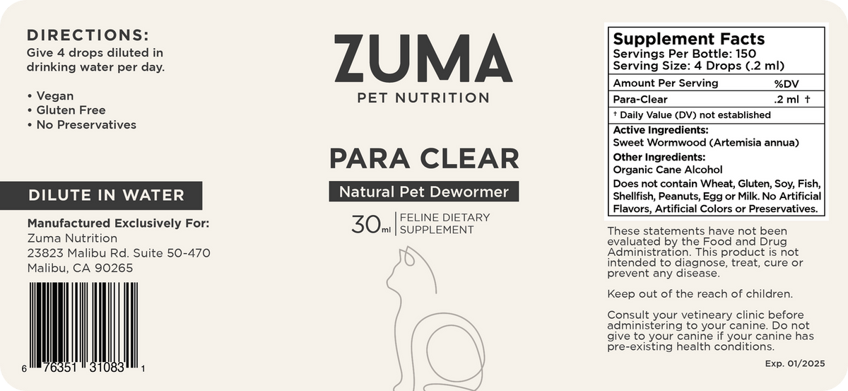 Zuma Nutrition Para Clear Feline Formula label