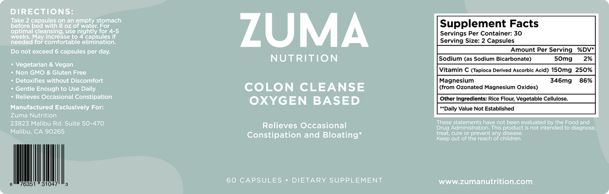 Zuma Nutrition Colon Cleanse Oxygen Detox label