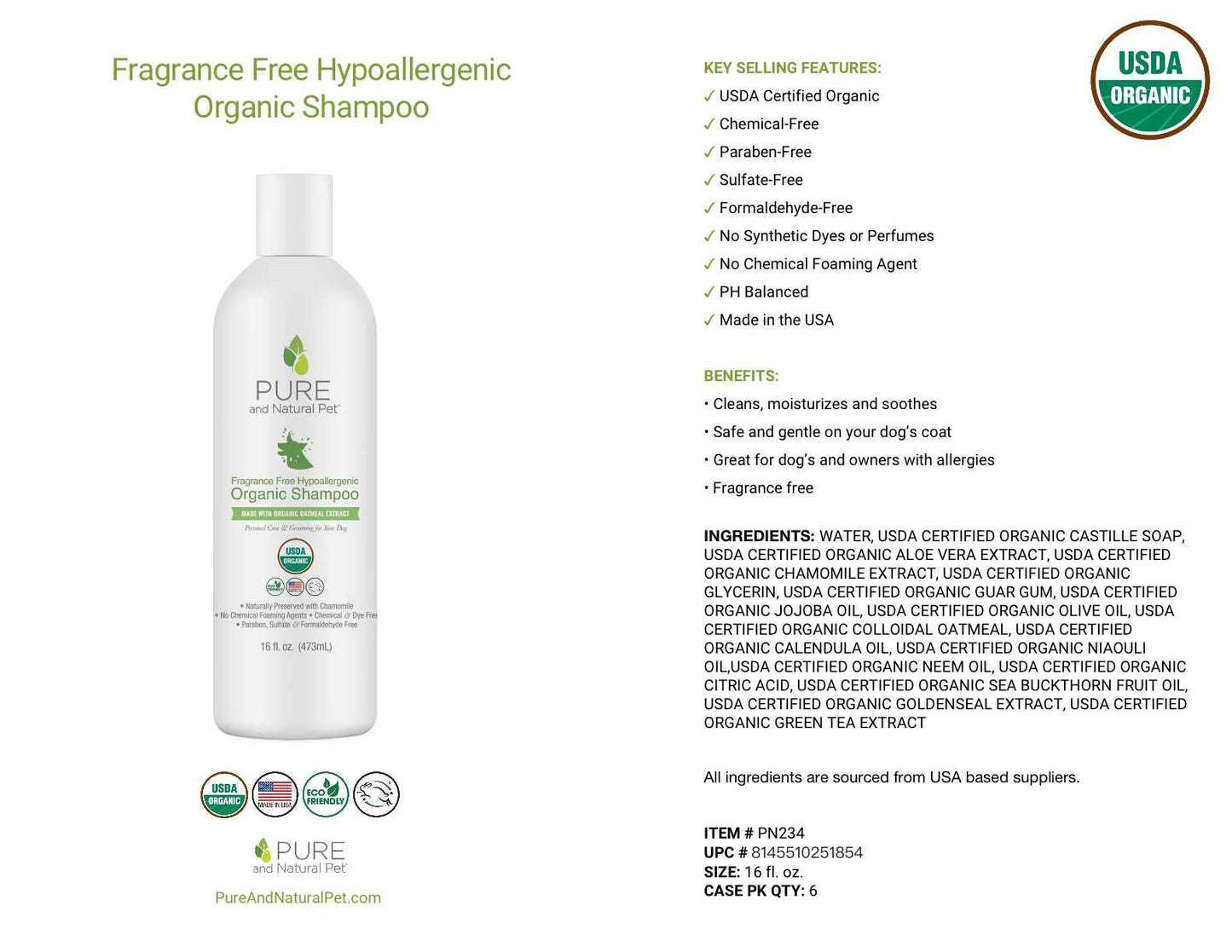 Fragrance-Free Hypoallergenic Organic Shampoo for Dogs