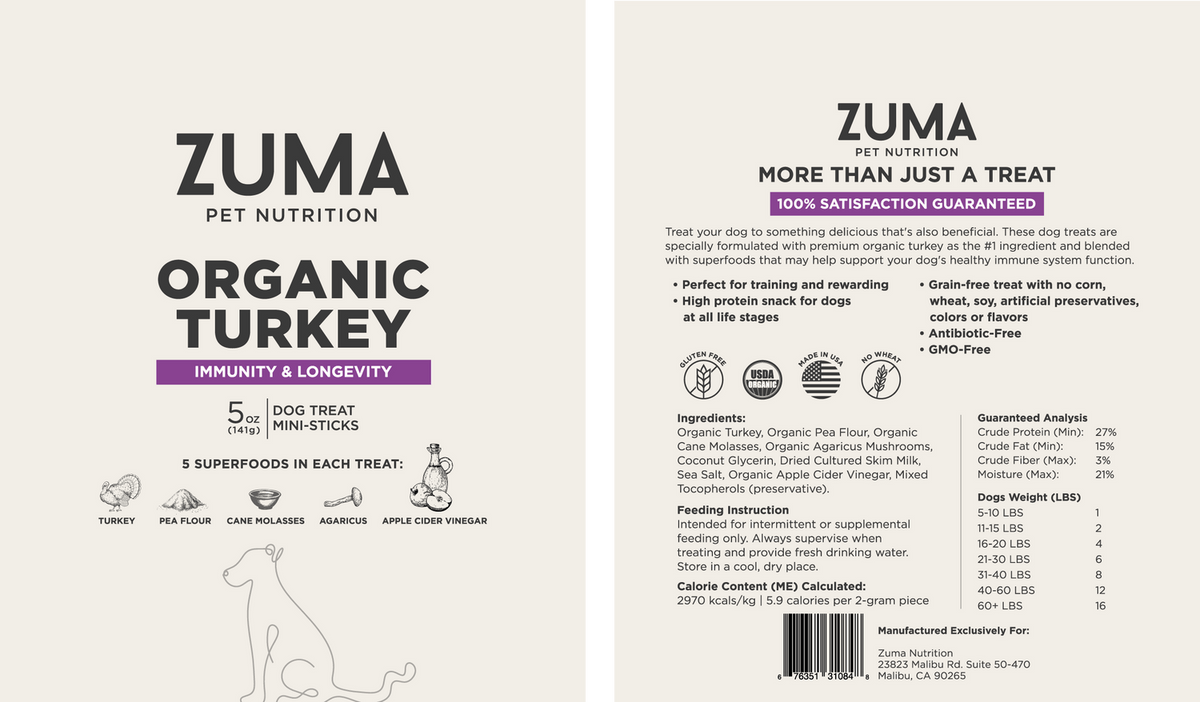 Zuma Nutrition Organic Turkey Dog Treats label