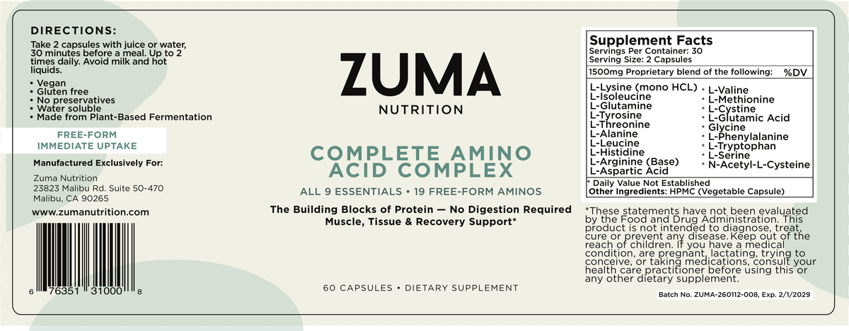 Zuma Nutrition Complete Amino Acid Complex label