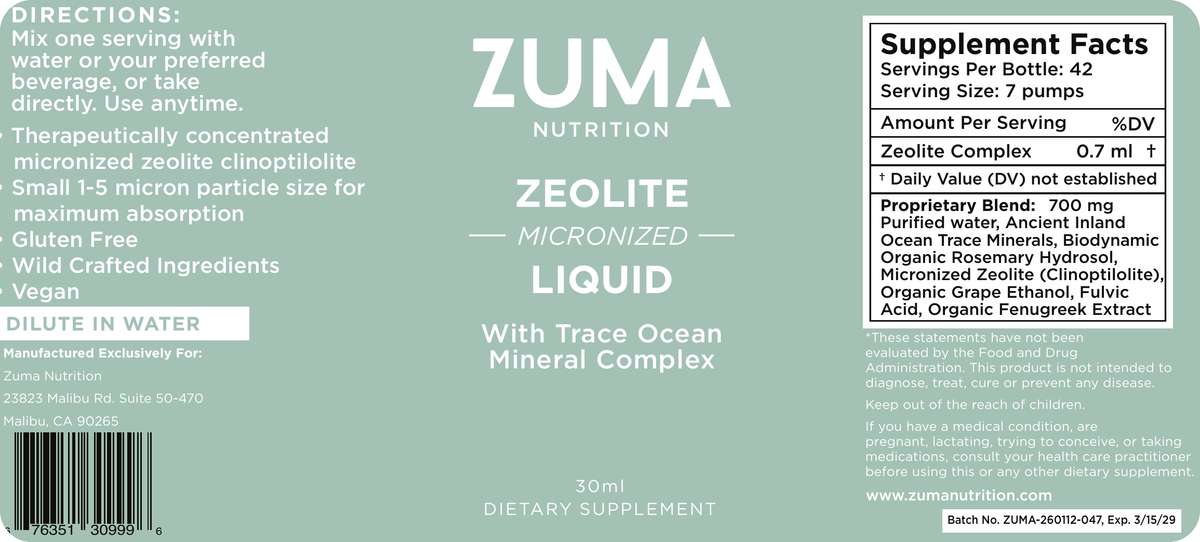 Zuma Nutrition Zeolite Micronized Liquid Tonic label
