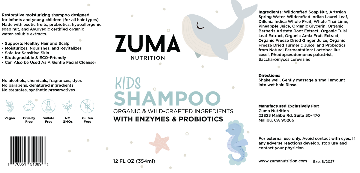 Zuma Nutrition Kids-Safe Organic & Wild-Crafted Shampoo bottle and label