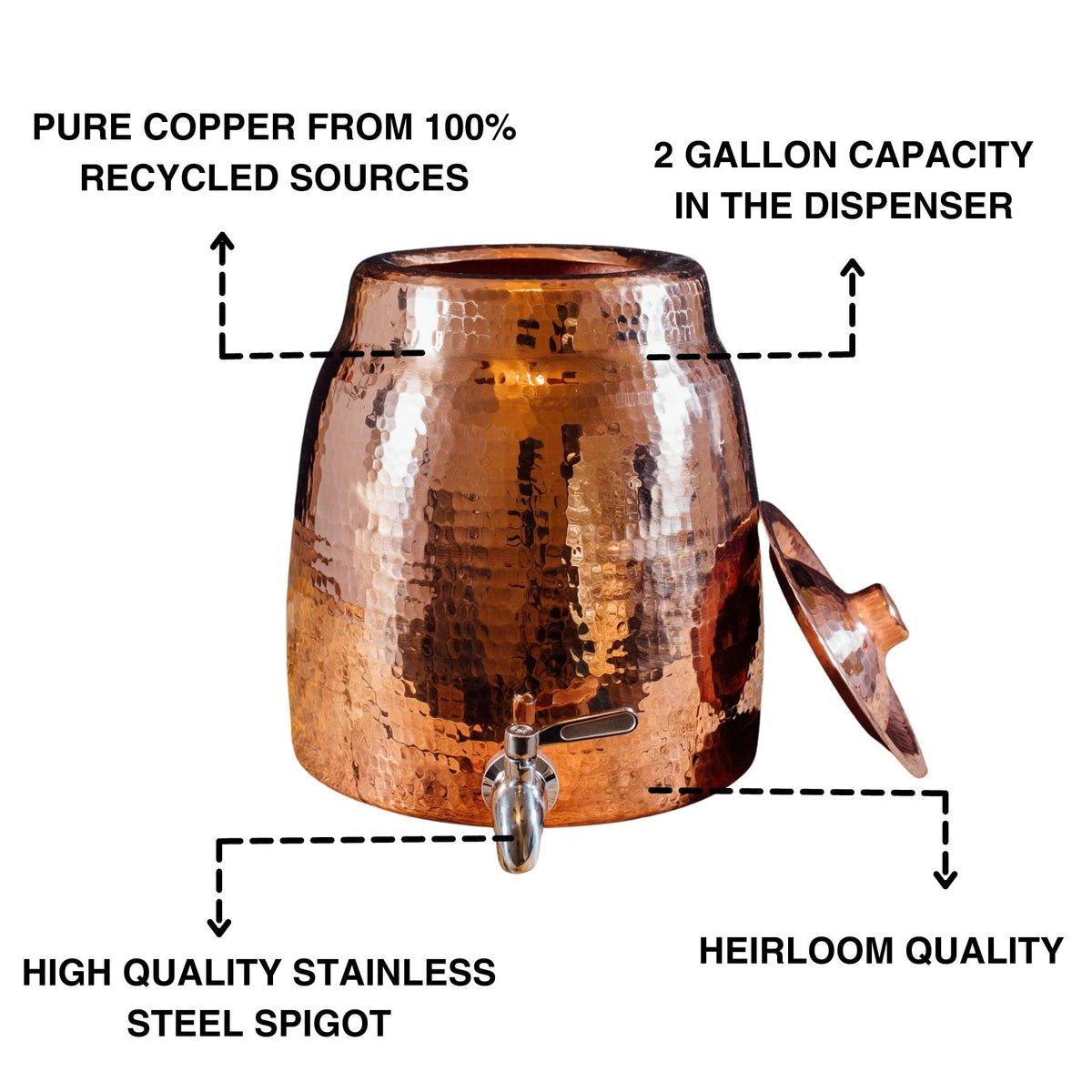 Niagara water dispenser features - recycled copper, 2 gallon capacity, stainless spigot