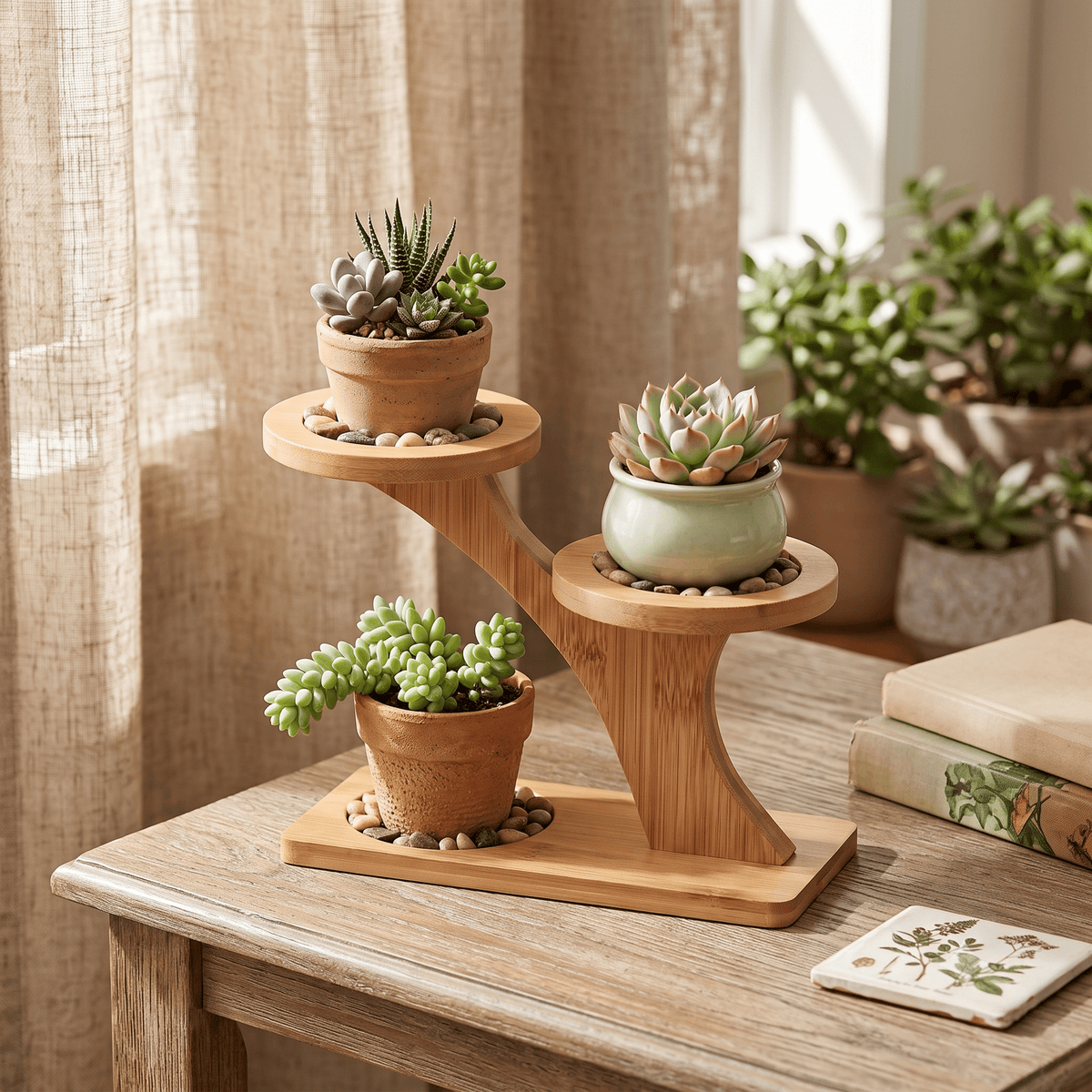 Bamboo plant stand with succulent