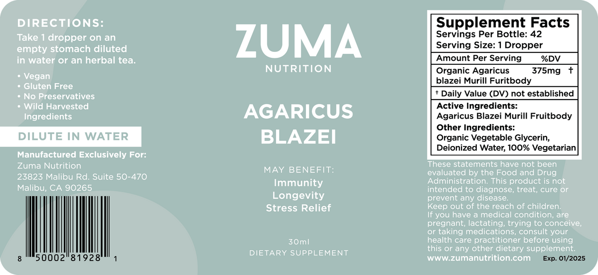 Zuma Nutrition Agaricus Blazei Murill Extract Tonic label