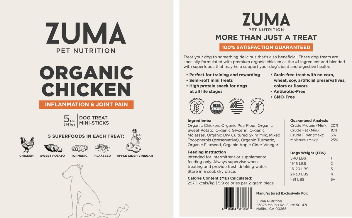 Zuma Nutrition Organic Chicken Dog Treats label