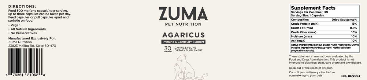 Zuma Nutrition Agaricus Pet Formula label