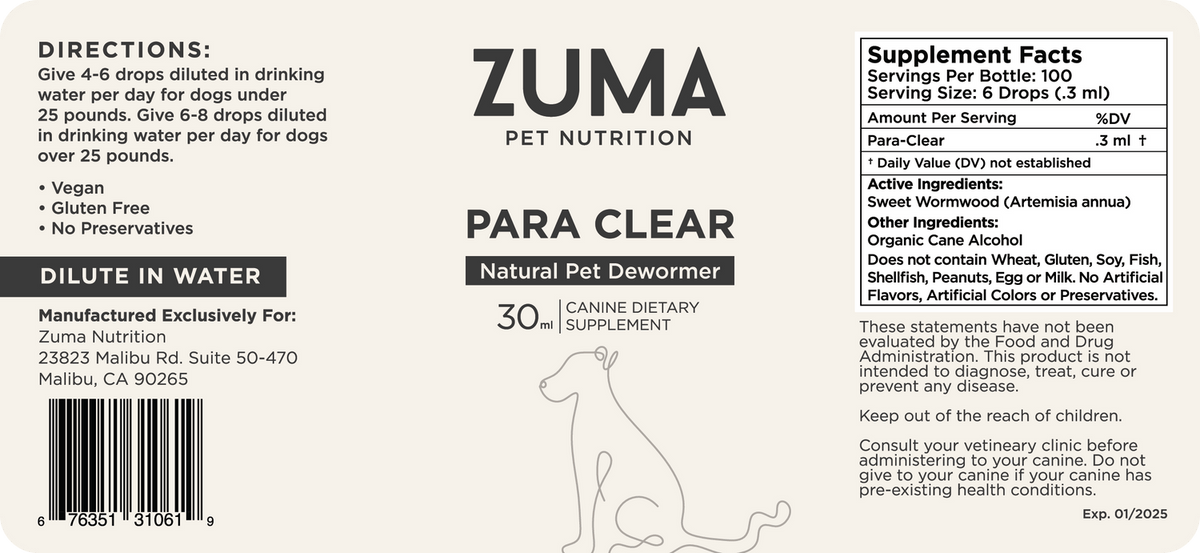 Zuma Nutrition Para Clear Canine Formula label