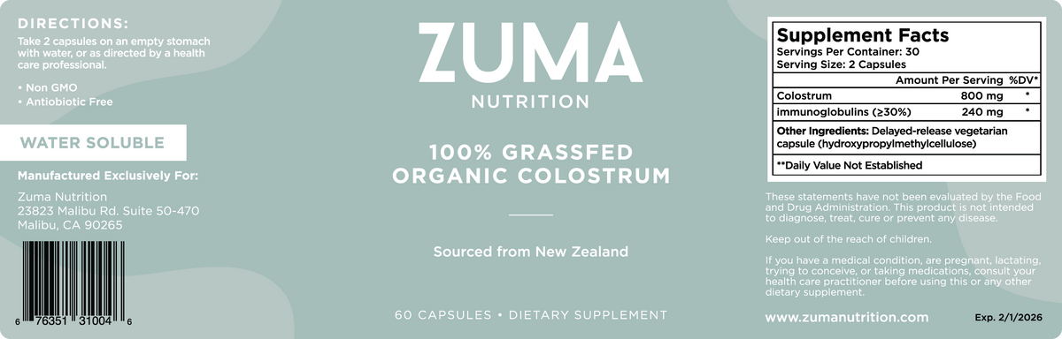 Zuma Nutrition 100% Grass-Fed Organic Colostrum label