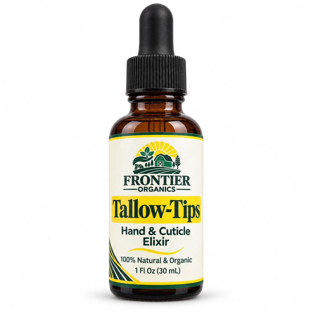 Frontier Organics Tallow-Tips Hand & Cuticle Elixir 1 fl oz amber dropper bottle