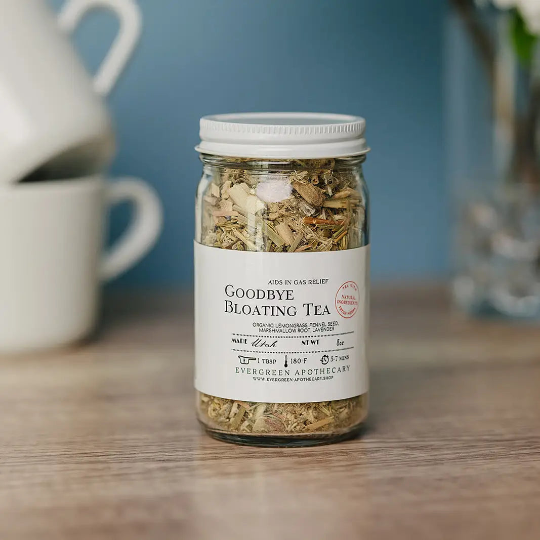 Evergreen Apothecary Goodbye Bloating Tea 8oz Glass Jar
